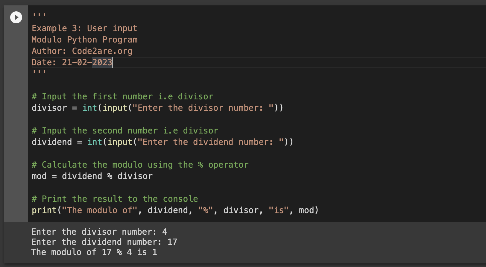 Python Modulo Program Code and result